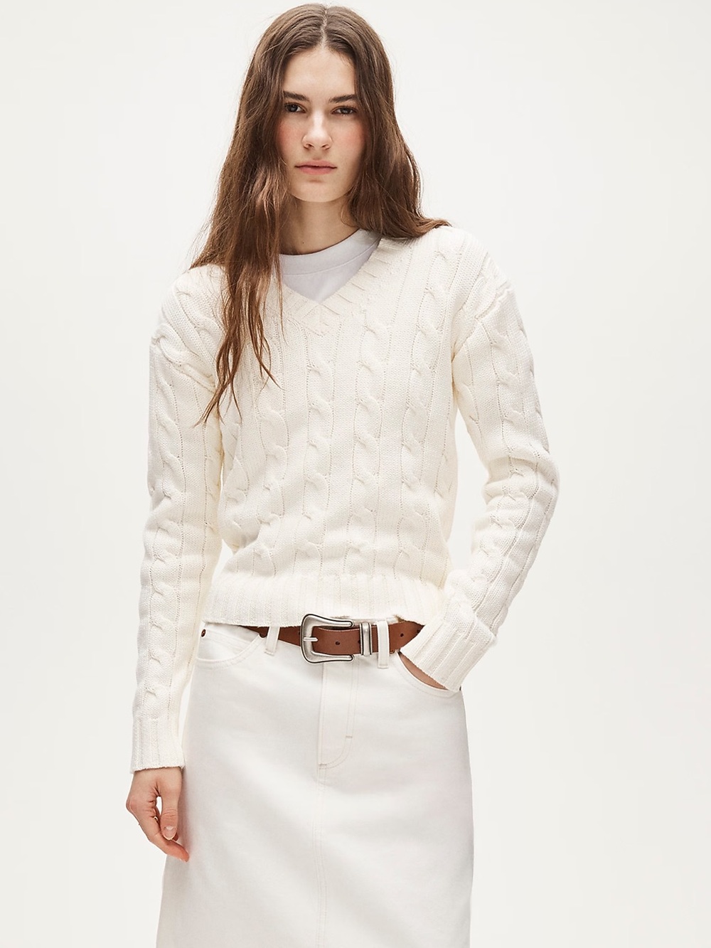 J.CREW Cable-Knit High V-Neck Sweater in Heritage Cotton, Size S